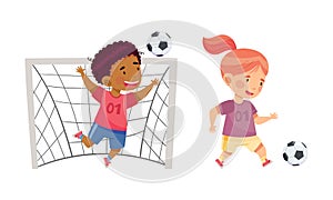 Kids playing soccer. Cute girl and boy running and kicking ball cartoon vector illustration