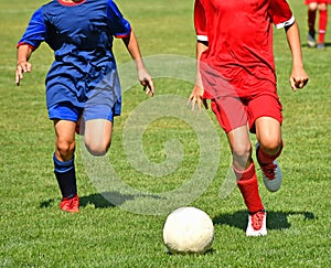 Kids are playing soccer outdoor in summer time