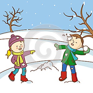 Kids playing to throw snowballs