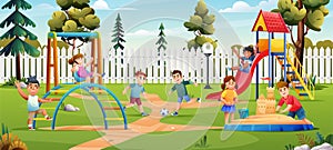 Kids playing together on playground with slide, swing, ball and sandbox