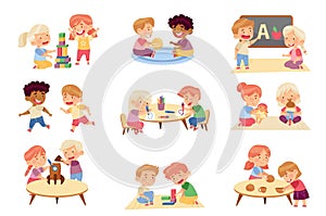 Kids Playing Toys and Game in Kindergarden Running, Playing Doll and Drawing Vector Set