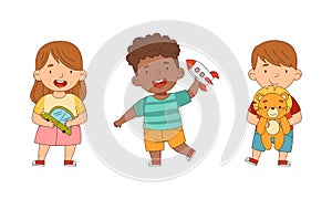 Kids playing with toys together set. Boy and girl holding car, rocket and teddy bear cartoon vector illustration
