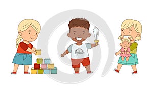 Kids playing with toys together set. Boy and girl playing with blocks, sword and doll cartoon vector illustration