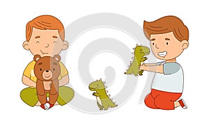 Kids playing with toys together set. Boy and girl playing with teddy bear and dragon cartoon vector illustration