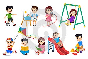 Kids playing vector characters set. Young boys and girls doing educational and school activities