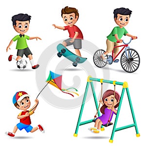 Kids playing vector characters set. Young boys and girls happy playing outdoor activities and sports