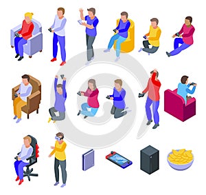 Kids playing video games icons set, isometric style