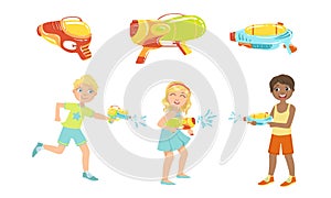 Kids Playing with Water Guns Set, Colorful Water Pistols, Toy Weapon Vector Illustration