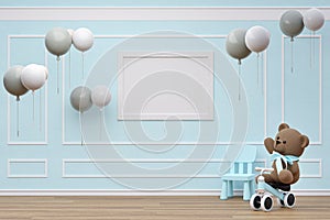 Kids playroom with stuffed toy animals and mockup picture frame.