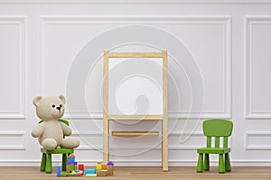 Kids playroom with stuffed toy animals and mockup writing board.