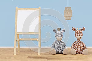 Kids playroom with stuffed toy animals and mockup writing board.