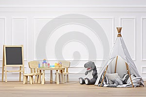 Kids playroom with stuffed toy animals and teepee.