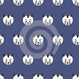 Kids polka dot cats seamless vector background. Cute kitty faces pattern black and white on blue. Geometric fun kids design. Use