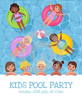 Kids Pool Party Poster. Children swimming in the pool on rubber rings. Vector illustration in cartoon flat style