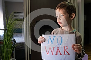 Kids with poster with banner of russia conflict. Military protest.