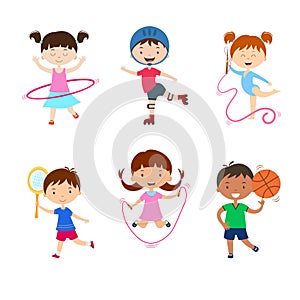 Kids practicing different sports. Children physical activities outdoors