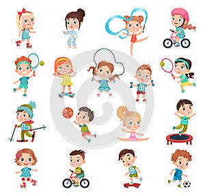 Kids Practicing Different Sports and Physical Activities In Education Class Gym and Outdoors Vector Set
