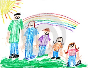 Kids Primitive Crayon Drawing of a Family