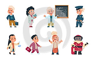 Kids professions. Cartoon cute children dressed in different occupation uniform, businessman worker doctor cook. Vector