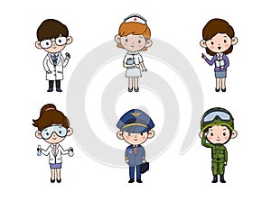 Kids professions. Cartoon cute children dressed in different occupation uniform. Vector characters with jobs different occupation