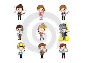 Kids professions. Cartoon cute children dressed in different occupation uniform. Vector characters with jobs different occupation