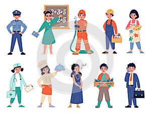 Kids professions. Children in costumes in professional uniforms, different little employees outfits, teacher, policeman