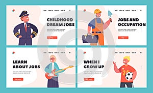 Kids Professions Landing Page Template Set. Builder, Musician, Pilot, Soccer Player. Concept with Children wear Costumes