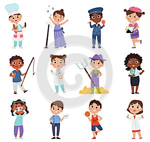 Kids professions, young painter, doctor and cook characters. Children in costumes of different professions vector