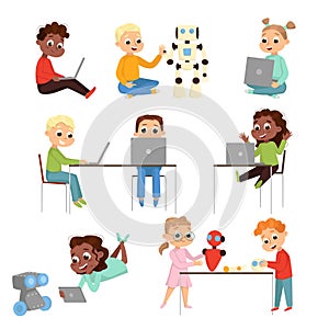 Kids Programmer Characters Set, Boys and Girls Using Computers, Creating and Programming Smart Robots, Electronics