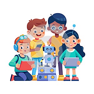 Kids Programming Robot: Group of Children Coding and Building a Robot Together