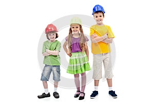 Kids with protective helmets posing