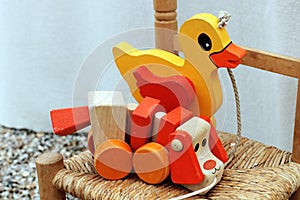 Kids pull toys wooden puppy and duck