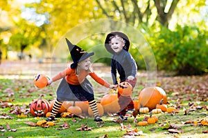 Kids with pumpkins in Halloween costumes