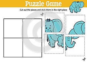 kids puzzle game to cut and stick pieces with cartoon elephant