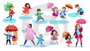 Kids in rain, happy children with umbrella, set of isolated cartoon characters, vector illustration