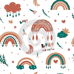 Kids rainbow pattern. Seamless baby illustration with cute clouds sun and rainbows in boho style. Decor textile