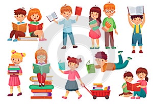 Kids read book. Happy kid reading books, girl and boy learning together and young students isolated cartoon vector