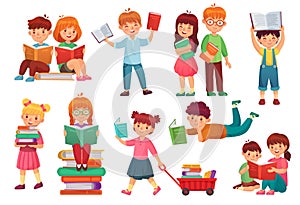 Kids read book. Happy kid reading books, girl and boy learning together and young students isolated cartoon vector photo