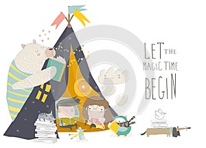 Kids reading book with animals in a teepee tent photo