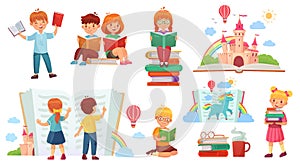 Kids reading book. Cartoon child library, happy kid read books and book stack isolated vector illustration photo