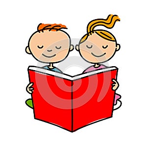 Kids reading book.Cartoon kids reading book illustration.