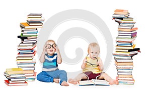 Kids Reading Books, Baby School Concept, Children Play With Books Stack on White