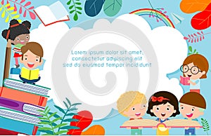 Kids reading books, back to school, education concept, Template for advertising brochure, your text,Kids and frame,child and frame