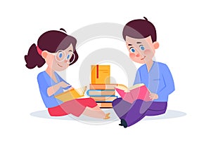 Kids reading books. Cartoon boy girl with book, children in library or lesson. Self education, brother and sister learn