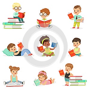 Kids Reading Books And Enjoying Literature Collection Of Cute Boys And Girls Loving To Read Sitting And Laying