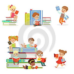 Kids Reading Books And Enjoying Literature Set Of Cute Boys And Girls Loving To Read Sitting And Laying Surrounded With