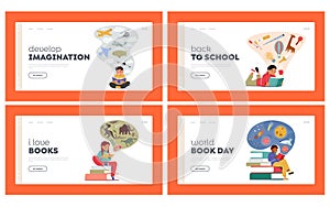 Kids Reading Books Landing Page Template Set. Back to School, Education, Knowledge Concept. Boys and Girls Studying