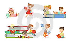 Kids Reading Books Set, Adorable Boys and Girls Sitting on Stack of Books, Children Enjoying of Reading Literature and