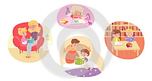 Kids reading books set. Happy clever children learning vector illustration. Father with son in bed, mother with daughter