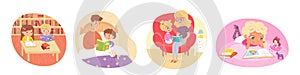 Kids reading books set. Happy clever children learning vector illustration. Father with son in bed, mother with daughter